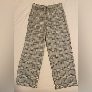 Straight leg zip front pants in green and tan check pattern